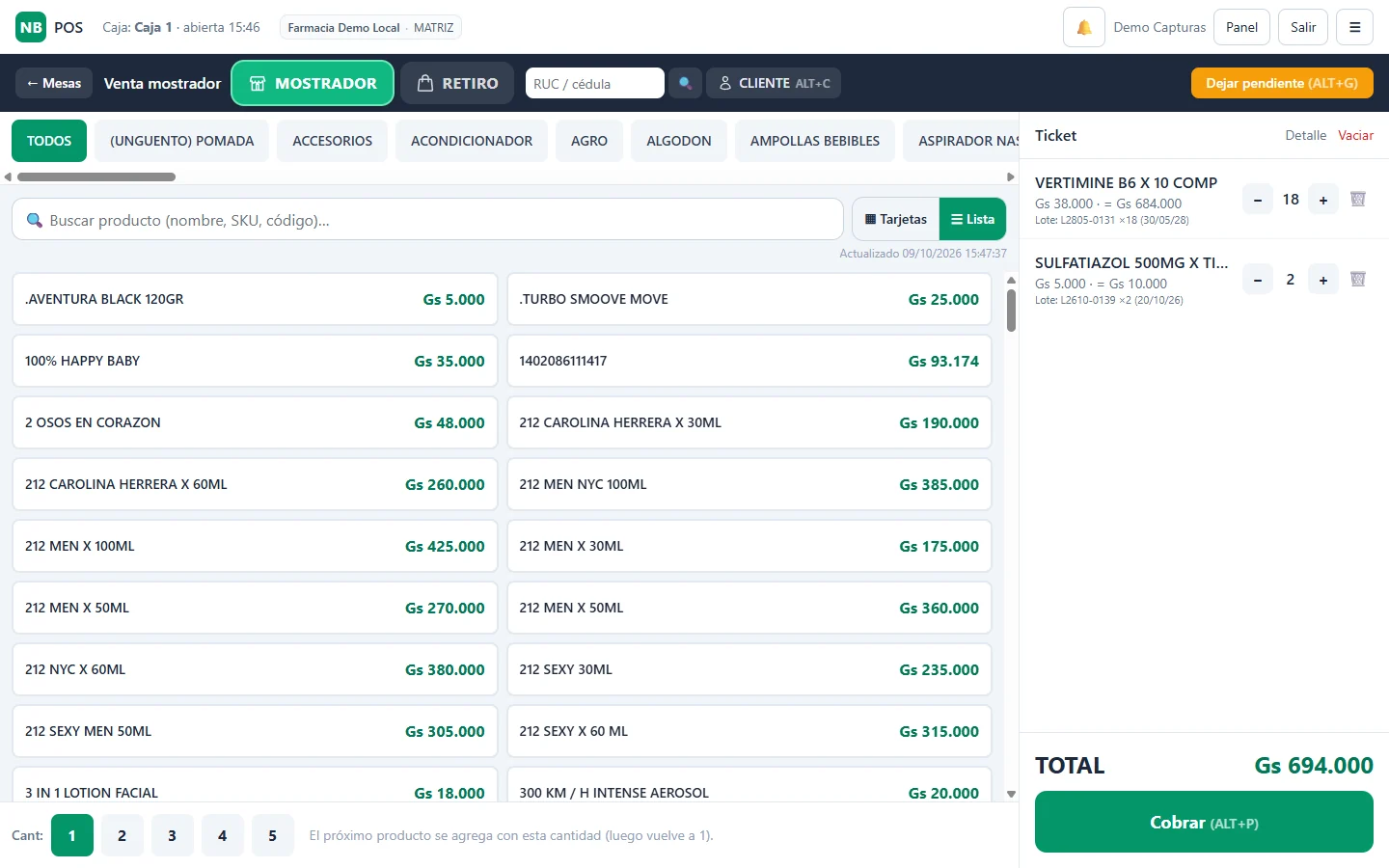 Punto de venta de erp-nd mostrando de qué lote sale cada producto